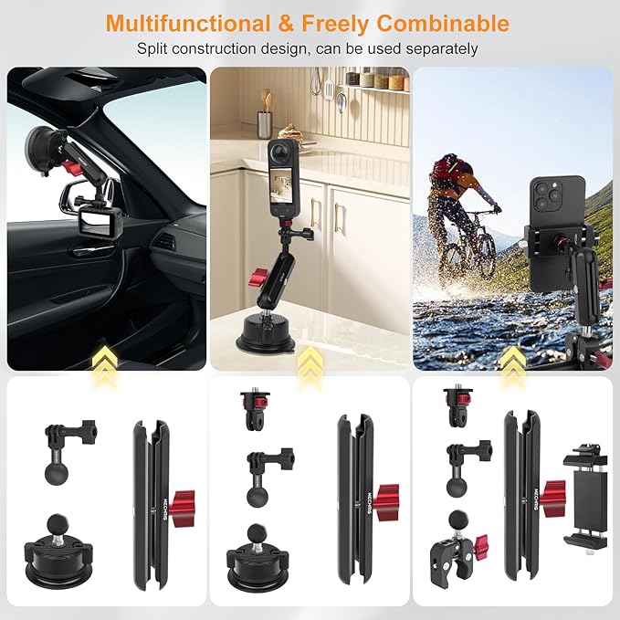 Camera Suction Cup Mount Kits-360°Ball Head Magic Arm,Double-Layer Suction Cup Mount for Action Cameras, GoPr0 Hero 13/12, DJI Osmo X4/X3,Mount on Car Windshield,Dashboard-Video Shooting,JC019