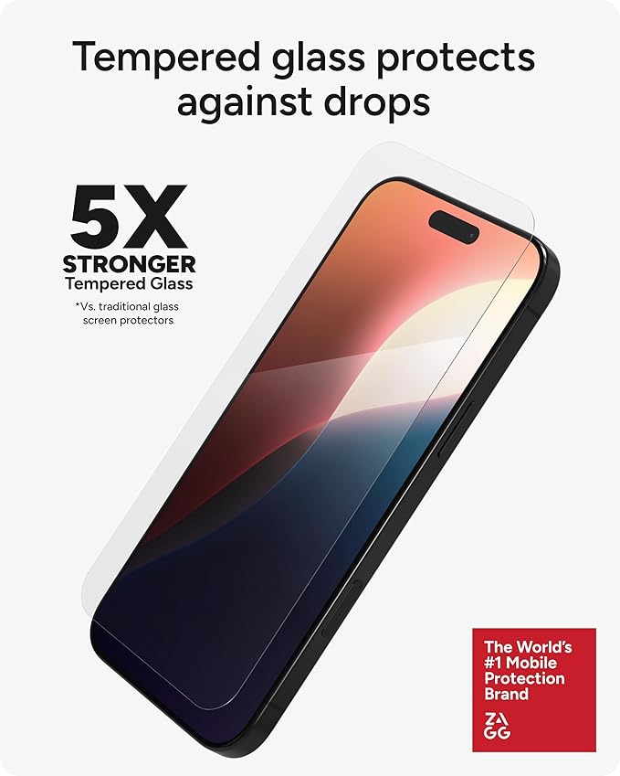 ZAGG Glass Elite Screen Protector for iPhone 16/15-5X Stronger, Reinforced Edges, Ultra-Strong Tempered Glass, Scratch Resistant, Anti-Smudge, InvisibleShield, Easy Installation, Eco-Friendly