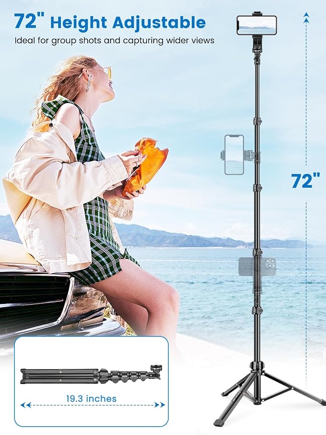 Phone Tripod, 72" Camera Stand Tripod with Remote and Phone Holder, Stable & Adjustable Tall, Suit for iPhone/Digital Camera