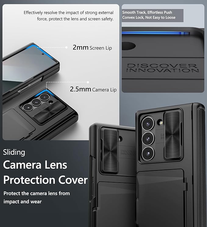 Vihibii for Samsung Galaxy Z Fold 6 Case with Card Holder & Slide Camera Cover & Screen Protector & Hinge Protection, Heavy Duty Rugged Wallet Phone Case for Samsung Galaxy Z Fold 6 2024, Black