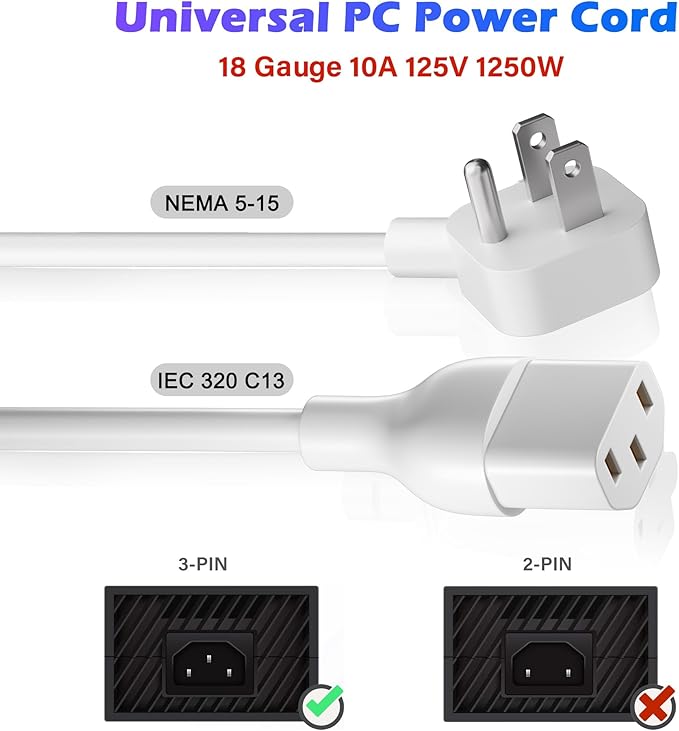 Adoreen 6 Ft Computer TV Replacement Power Cord White, Low Profile Flat Plug 18AWG 3-Prong AC Universal Power Supply Cable NEMA 5-15P to IEC 320 C13 for Printer, PC, Monitor TV LCD, ETL+Ties