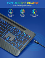 Wireless Keyboard with 7 Colored Backlit, Wrist Rest, Phone Holder, Rechargeable Ergonomic Computer Keyboard with Silent Key, Full Size Lighted Keyboard for Windows, MacBook, PC, Laptop (Gray)