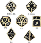 DNDND Metal Dice Set D&D, 7 die Metallic Polyhedral Dice Set with Gift Metal Box and Gold Number for DND Dungeons and Dragons Role Playing Games (Black and Gold)