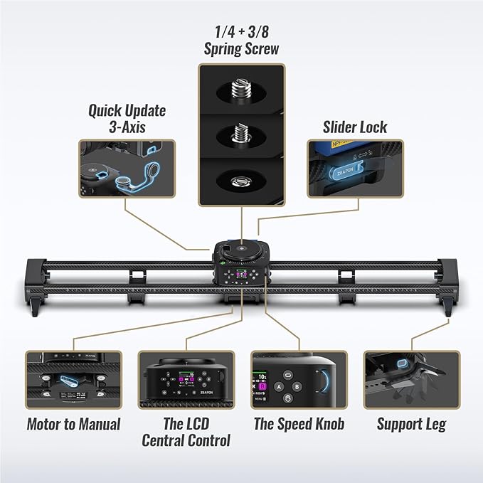 Zeapon AXIS 80 (2-axis) Multi-axis Motorized Camera Slider, 31''/80cm DSLR Dolly Carbon Fiber Electric Track, LCD Screen APP Control, Pan Head for 360° Panoramic Time-Lapse Follow Focus