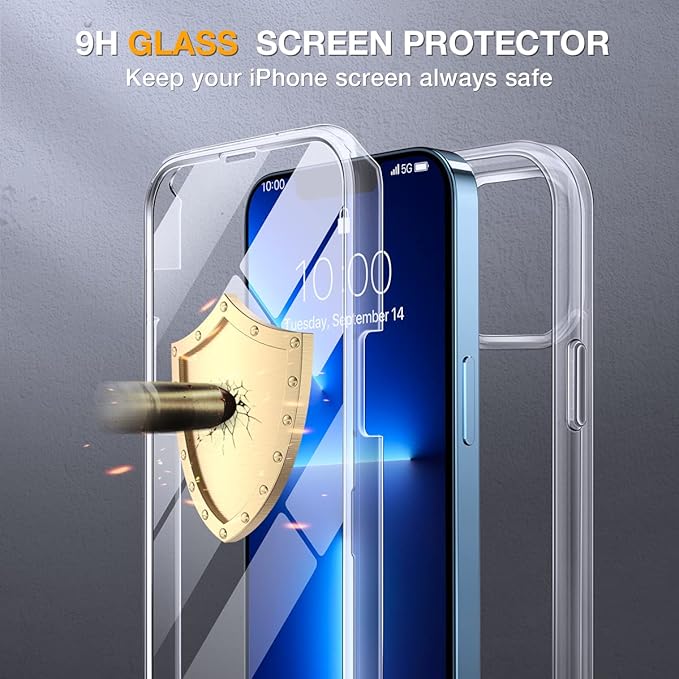 Miracase Glass Case for iPhone 13 Pro Max 6.7 inch, Upgrade Full-Body Clear Phone Bumper Case Cover with Built-in 9H Tempered Glass Screen Protector, Clear