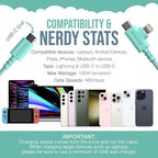 Smartish 2 in 1 USB C to USB C/Lightning Cable - Crown Joule - 6 Ft Fabric Wrapped Fast Charging Cord - for iPhone, Galaxy, Pixel - 100W Dual Fast Charger for Phones/Laptops - Teal Me More
