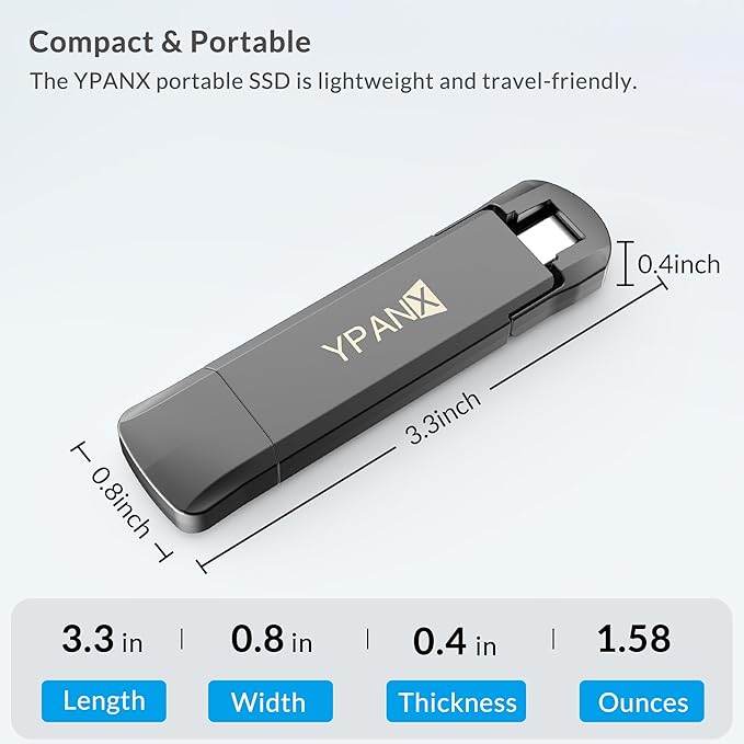 YPANX 512GB Pro Portable SSD, 1000MB/s Speed, USB 3.2 Gen 2 + Type C Dual-Port, Lightweight External SSD for iPhone 15/16/Pro, Android, Windows, Mac, Tablets