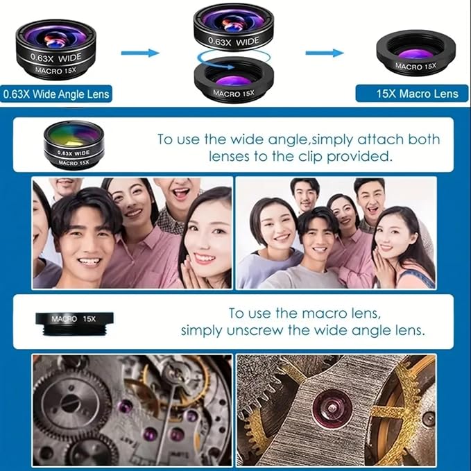 Universal 7-in-1 Mobile Phone Camera Lens Kit, Funny Cell Phone Lens for iPhone, for Samsung, for Android Smartphone, Universal Clip on Wide Angle+Macro+ Fish Eye Camera Lenses attachments Accessory