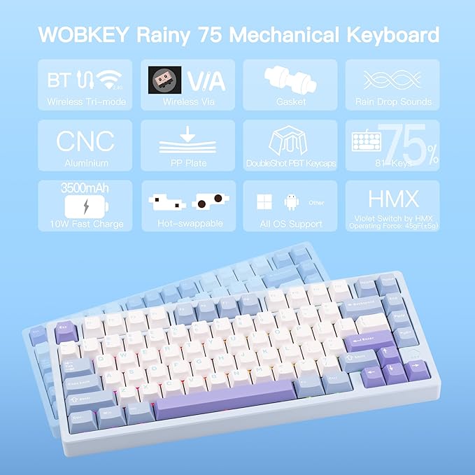 KEEBMONKEY WOBKEY Rainy 75 CNC Aluminum HMX/JWK/Cocoa Switches Triple-Mode Connectivity Mechanical Keyboard with Superior Acoustics, RGB/PP/Gradient Glass/3500mAh/Violet Switch (Standard - Blue)