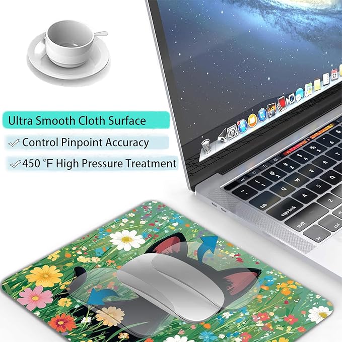 Cute Black Cat Floral Custom Mouse Pad with Non-Slip Rubber, Small Square Design for Wireless Laptop & Computer Mouse Pads for Desk, 9.5 x 7.9 inch Smooth Surface for Gaming & Office