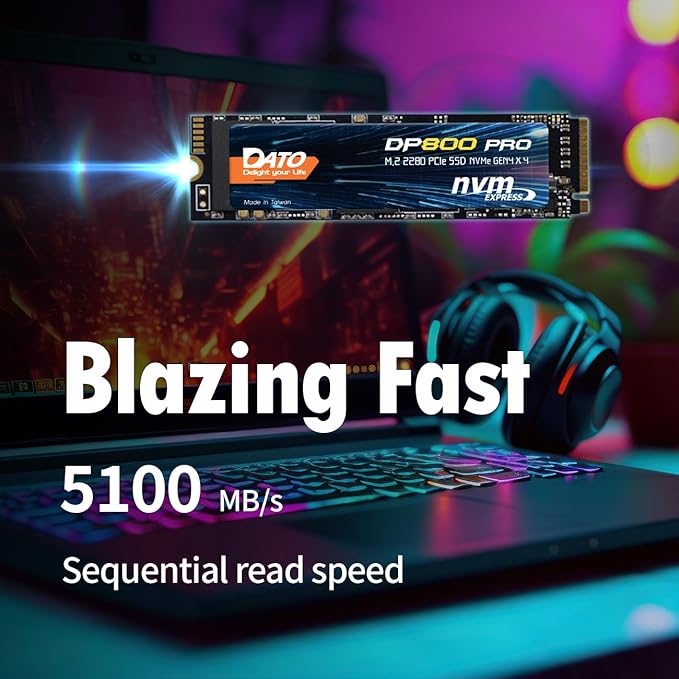 DATO M.2 2280 SSD 512GB, PCIe Gen4 x4 NVMe SSD Internal Solid State Drive for Gaming and Creators, Compatible with Desktop and Laptop, Up to 5100/4600 MB/s - DP800 Pro