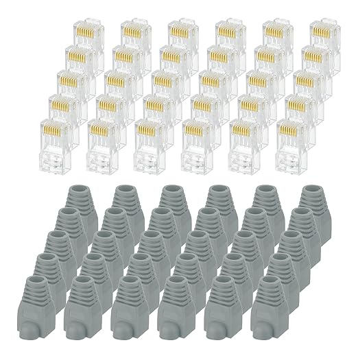 MECCANIXITY 60pcs Cat6 RJ45 Pass Through Connectors, RJ45 Connector 8P8C Gold Plated Plugs with 60pcs Dark Grey Strain Relief Boots for Solid or Stranded UTP Ethernet Cable, 1.1mm
