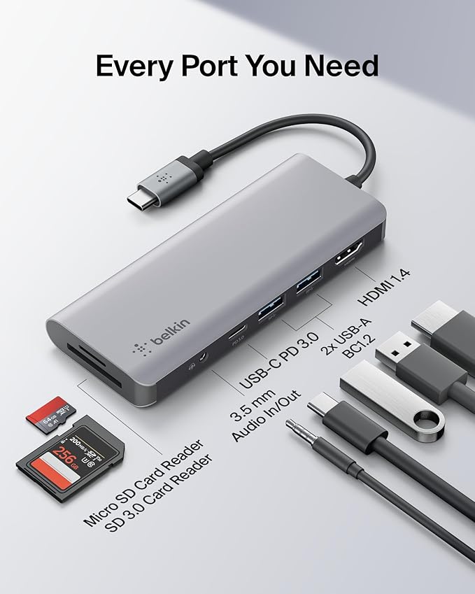 Belkin USB-C Hub, 7-in-1 MultiPort Docking Station for MacBook & Windows - 85W USB-C Power Delivery 3.0, 4K HDMI 1.4, 2x USB-A 3.0, SD 3.0, Micro SD 3.0, & 3.5mm Audio Jack