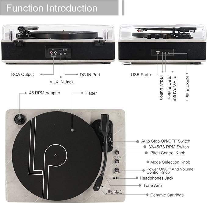 LP&NO.1 Record Player wirelessTurntable with Built-in Speakers and USB Play&Recording Belt-Driven Vintage Phonograph Record Player 3 Speed for Entertainment and Home Decoration(Light Gray)