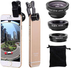 3 in 1 Cell Phone Camera Lens Kit Wide Angle Macro Fisheye Lens Universal for Smart Phones iPhone Samsung Android Black