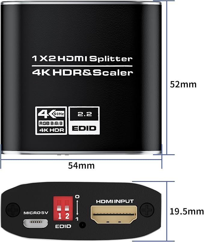 1x2 HDMI Splitter, HDR 4K@60Hz HDMI spliter 1 in 2 Out, Supports HDMI 2.0, HDCP 2.2, Mirror Screen Monitors Supports EDID Control for Xbox PS3/4/5 PC DVD Fire Stick Blu-Ray Player TV