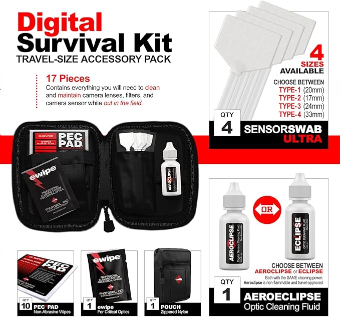 Photographic Solutions Digital Survival Kit - Type-3 (24mm) Sensor Swabs, PEC-PAD Photo Wipes, E-Wipe Packet, Aeroclipse Optic Cleaner Non-Flamable Solution - Camera Cleaning Kit with Travel Bag