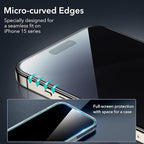 ESR 3+1 Pack for iPhone 15 Pro Privacy Screen Protector Set, Anti-spy Tempered-Glass Privacy Screen Protector, Micro-curved Edges, Case Friendly, 3-Pack with 1 Set of Individual Camera Lens Protector