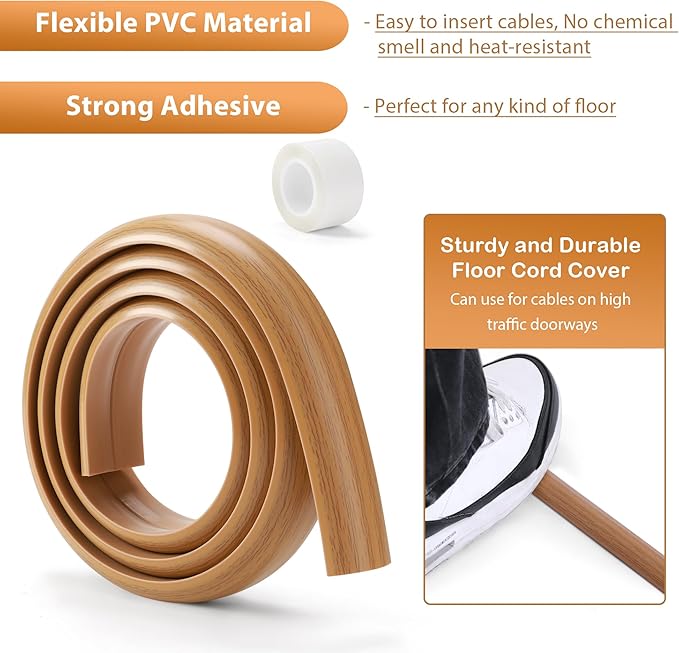 Floor Cord Cover 6ft, Cord Hider Floor Yellow Oak Wood, Floor Cable Management Prevent Cable Trips, Floor Cable Cover Wire Covers for Electric Power Cords, Cord Protector Cord Cavity W0.47in x H0.28in