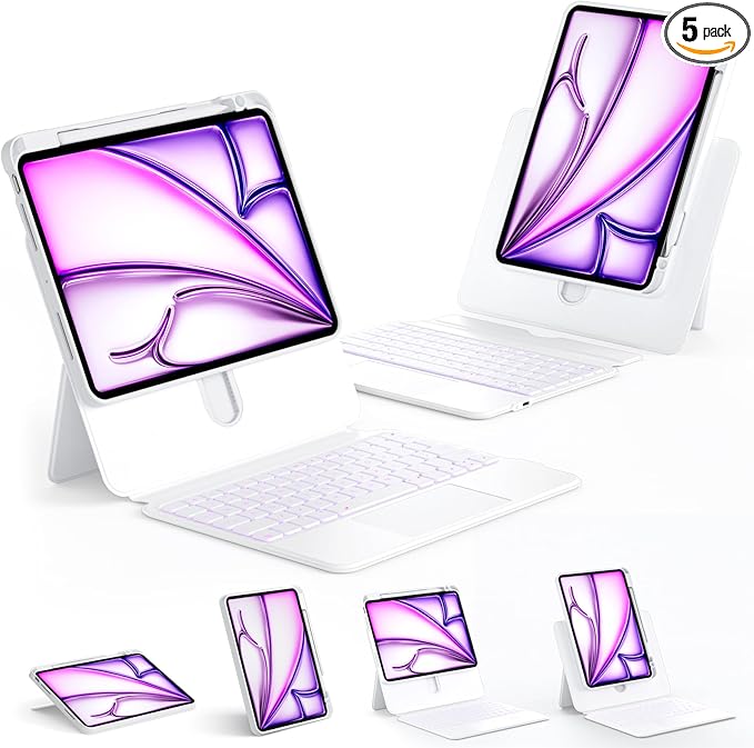 ONLY fit for iPad 12.9 inch Pro 6/5/4/3rd Gen & 13 inch iPad Air (2025 M3, 2024 M2) Case with Detachable Keyboard Trackpad, 360 Rotate Cover Pencil Holder 12 Shortcut Key 7 Color Backlit, White