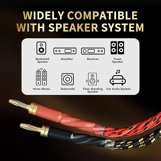 10 AWG Audiophile HiFi Speaker Audio Cable–4N OFC Core,24K Gold-Plated Banana Plugs with Nylon Braid,Compatible with Amplifier,Speakers,AV Receiver & Home Theater(9.84ft/3m) 2-Pack