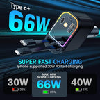 Car Charger with Starlight, 66W USB C Fast Car Chargers Adapter, 4 in 1 Retractable Car Charger with 2 USB Ports for iPhone16/15/14/13/12/11 and for Android (Black)