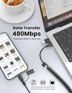 Coiled USB-C and Lightning Cable 2-in-1, 3FT iPhone 17 16 Car Charger Cord, 60W Fast Charging Cable for iPhone 15, Samsung Galaxy Supports Apple CarPlay & Android Auto (Black)