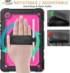 SEYMAC stock Case for Samsung Galaxy Tab A9 8.7'', Full-Body Drop Protection Case with Screen Protector Pencil Holder [360° Rotating Hand Strap] &Stand, Pink+Black