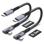 1FT USB 4 Cable Right Angle [2 Packs], 240W USB C Cable, 40Gbps High Speed Data Transfer with Single 8K or Dual 4K Display Video Dispaly Compatible with iPhone 16/16 Pro Max/16 Plus