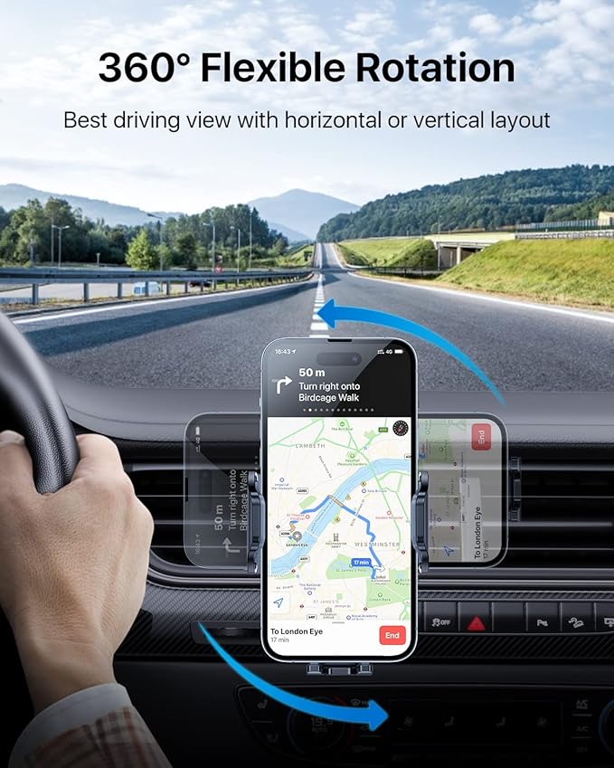 andobil Phone Holders for Your Car - Air Vent Phone Mount, Ultra-Stable Metal Clip with Anti-Shake & 360° Rotation, Universal Car Mount Fit iPhone 16/15/14/13/12 Pro Max/Android/Samsung Galaxy