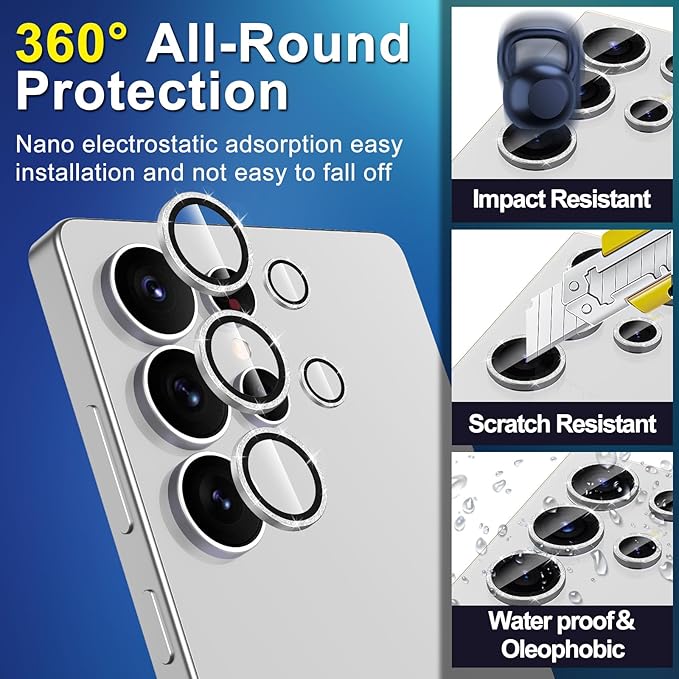 for Samsung Galaxy S25 Ultra Camera Lens Protector, Individual Metal Ring Tempered Glass Lens Cover, [Strong Adsorption] Scratch Resistant Ultra-Thin HD Clear Lens Cover, 1 Set-Silvery Sparkly