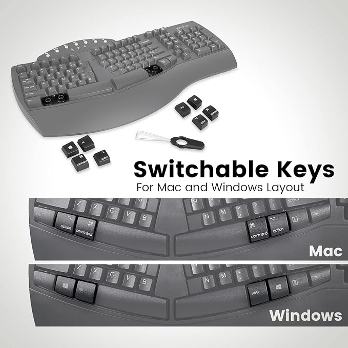Perixx Periboard-612B Wireless Ergonomic Split Keyboard with Dual Mode 2.4G and Bluetooth Feature, Compatible with Windows 10 and Mac OS X System, Black, US English Layout