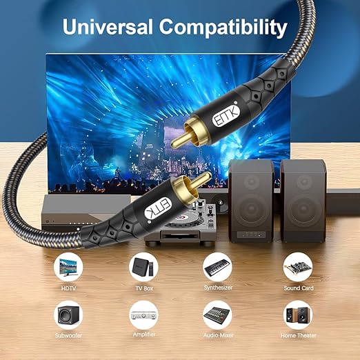 EMK RCA to RCA Subwoofer Cable – 24K Gold-Plated Connector Nylon Braided Double Shielded Audio Cable Digital&Analog Signal Support for Amplifiers Subwoofer Home Theater Hi-Fi Systems Black/10ft/3m