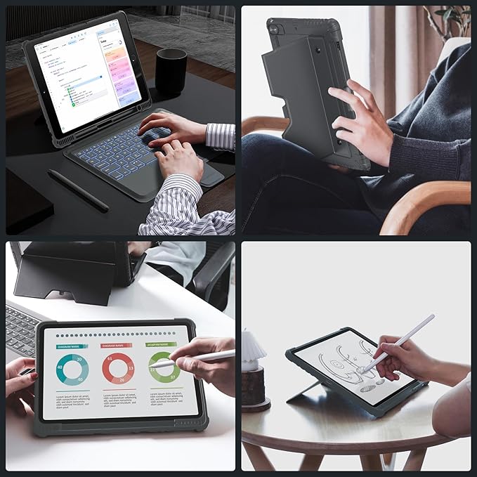 Nillkin iPad A16 (11th Gen) / 10th Gen Case with Detachable Keyboard, Magic Trackpad, 7-Color Backlit, Portrait/Landscape Modes, Rugged Keyboard Case for iPad 11th / 10th Generation (2025/2022), Gray