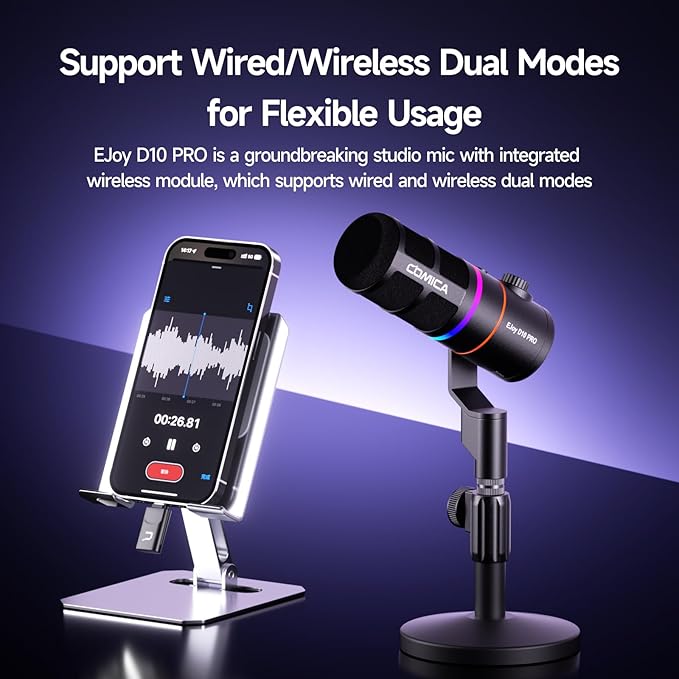 EJoy D10 PRO(D) Combo Dual-Channel Wireless USB Gaming Microphone – RGB Dynamic Mic with Wired/Wireless Modes, XLR/USB-C, Real-Time Monitoring, Studio Mic for Gaming, Streaming, Podcast, Recording