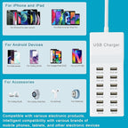 Multi Port USB Charging Station Wall Charger, Multi-Port Fast Charging Station, Compatible with iPhone, Android Phones, Tablets and Bluetooth Speakers - Compact for Home Office and Travel Use White