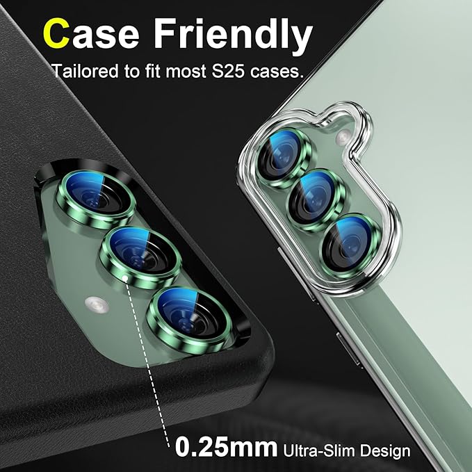 YWXTW Camera Lens Protector for Samsung Galaxy S25 Accessories [1:1 Fit & Ultra Clarity] 9H Tempered Glass Metal Individual Ring Camera Cover Screen Protector for S25, Case Friendly (Green)