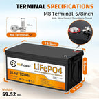 36V 100Ah LiFePO4 Battery, Built-in 100A BMS,3840Wh Lithium Battery,4000-15000 Deep Cycles & 10-Year Lifetime, Perfect for Marine, RV, Marine, Trolling Motor, Solar Off-Grid System