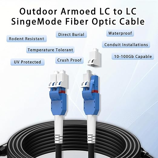 500M/1640FT LC to LC Armored Outdoor Fiber Optic Cable, Single Mode Duplex 9/125μm SMF Fiber Patch Cord, OS1/OS2 Compatible, Black LSZH Jacket, Uniboot Jumper for FTTH, Data Center, Long-Distance Use