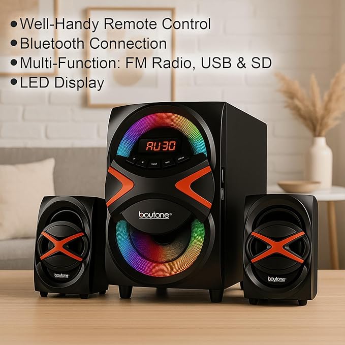 Boytone BT-326F, 2.1 Bluetooth Powerful Home Theater Speaker System, with FM Radio, SD USB Ports, Digital Playback, 40 Watts, Disco Lights, Full Function Remote Control, for Smartphone, Tablet., Black