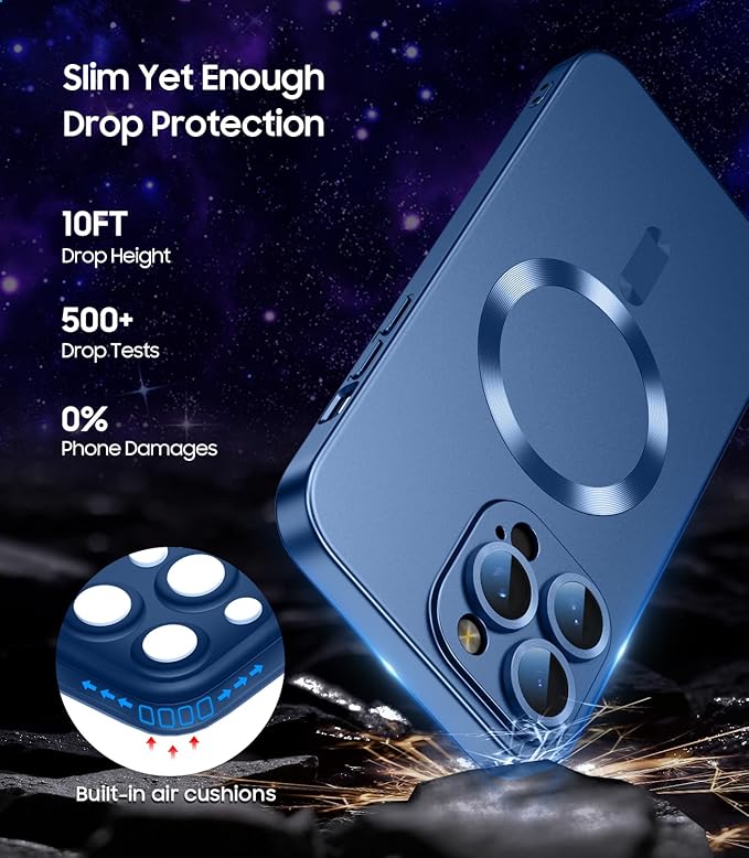 Magnetic for iPhone 16 Pro Max Case [Compatible with MagSafe][Built-in Camera Lens Protector] Slim Soft Silicone Bumper Shockproof Metallic Luster Phone Case (Blue)