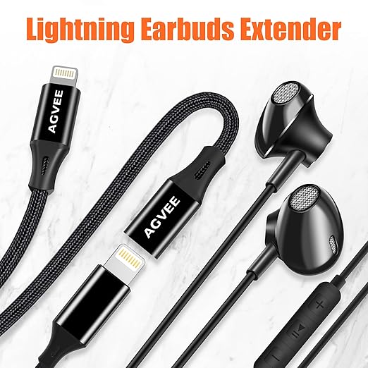AGVEE 2 Pack 6.6ft Lightning Extension Cable, Braided Female to Male Extender Full Function Cord Compatible with iPhone iPad, Data Sync Video Audio & Charging Connector Adapter, Black