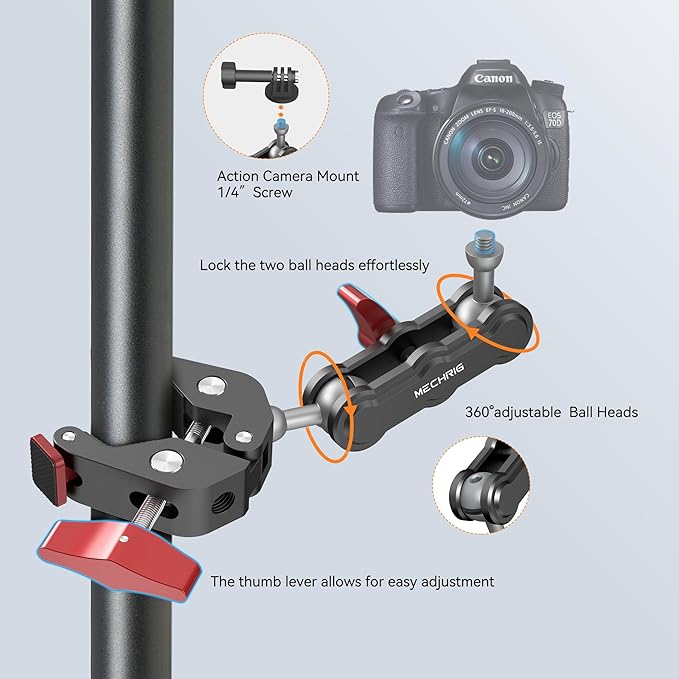 Camera Clamp Mount & 360°Ball Head Magic Arm with Adapter for Go pro, Aluminum Double Ball Head Adapters, Heavy Duty Super Clamp with 1/4"-20 & 3/8"-16 Thread -SJ008