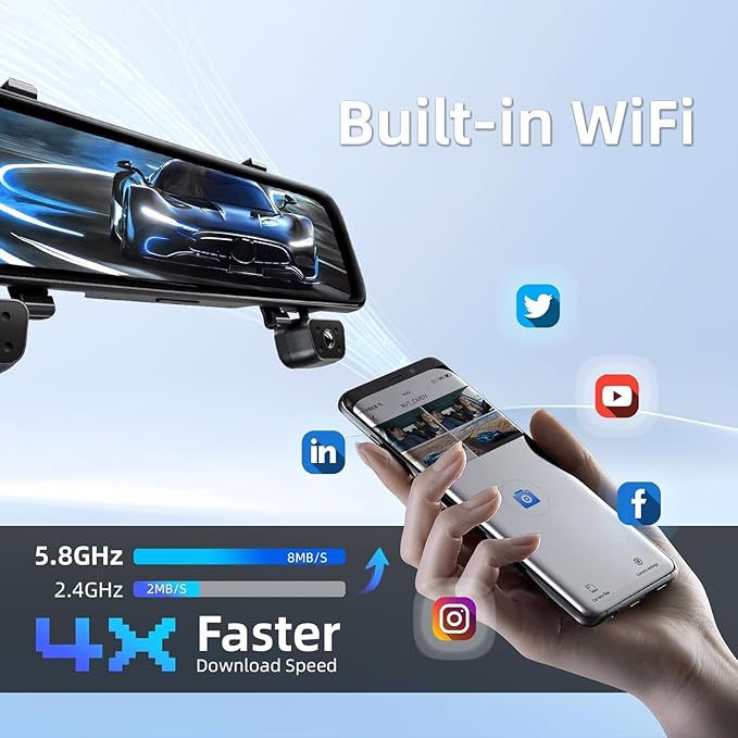 2025 Rear View Mirror Camera,4 Channel Mirror Dash cam Front and Rear 24/7 Recording,12" Touch Screen Dash Camera for car Trucks,Built-in WiFi,GPS,IR Night Vision,Free 128GB SD Card