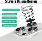 AGVEE 3+3 6 Pack for iPhone 16 Pro 6.3" / 16 Pro Max 6.9" Camera Lens Cover Protector, Bling Diamond & Bling Glitter Metal Ring 9H Tempered HD Glass Camera Cover Protector Film, Bling-Silver