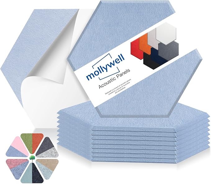 Mollywell Hexagon Acoustic Panels, High Density, Soundproofing, Decorative Noise Reduction Felt Wall Tiles for Ceilings, Home Office & Gaming Room (Ash Gray), 14x12x0.4 Inch
