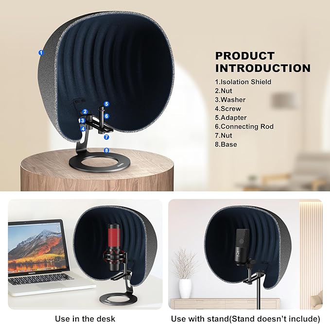 Microphone Isolation Shield,Aokeo 2024 Professional Recording Studio Equipment,360° Music Studio Mic Shield,Suitable for of Blue Yeti, Snowball iCE, HyperX QuadCast, SoloCast,Etc Recording Microphones