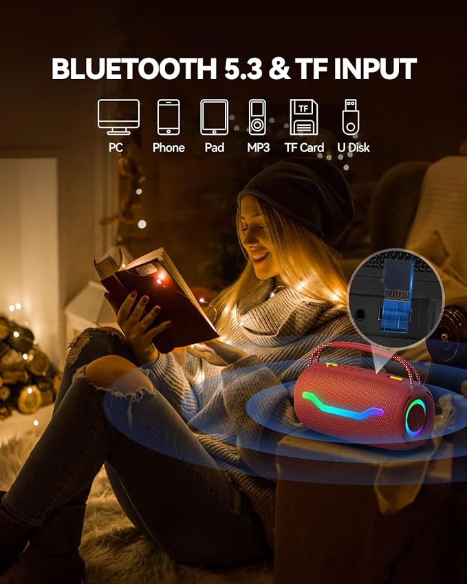 Portable Bluetooth Speaker with Light, Loud Sound and Deep Bass, IPX6 Waterproof, Up to 18H Playtime, TWS Pairing, Support Bluetooth/AUX/USB/TF Card for Home, Party, Outdoor and Travel (Red)