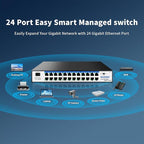 Easy Smart Managed Ethernet Switch, 24 Port Gigabit Switch,Network Hub, Ethernet Splitter, Plug & Play, Industrial Grade Fan Design, VLAN, Qos, Desktop or Wall Mount