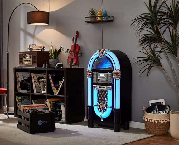 Arkrocket Taurus II Mid-Size Jukebox Vinyl Record Player Bluetooth USB SD CD Player Radio Retro Turntable Classic Jukebox (Taurus II - Black)